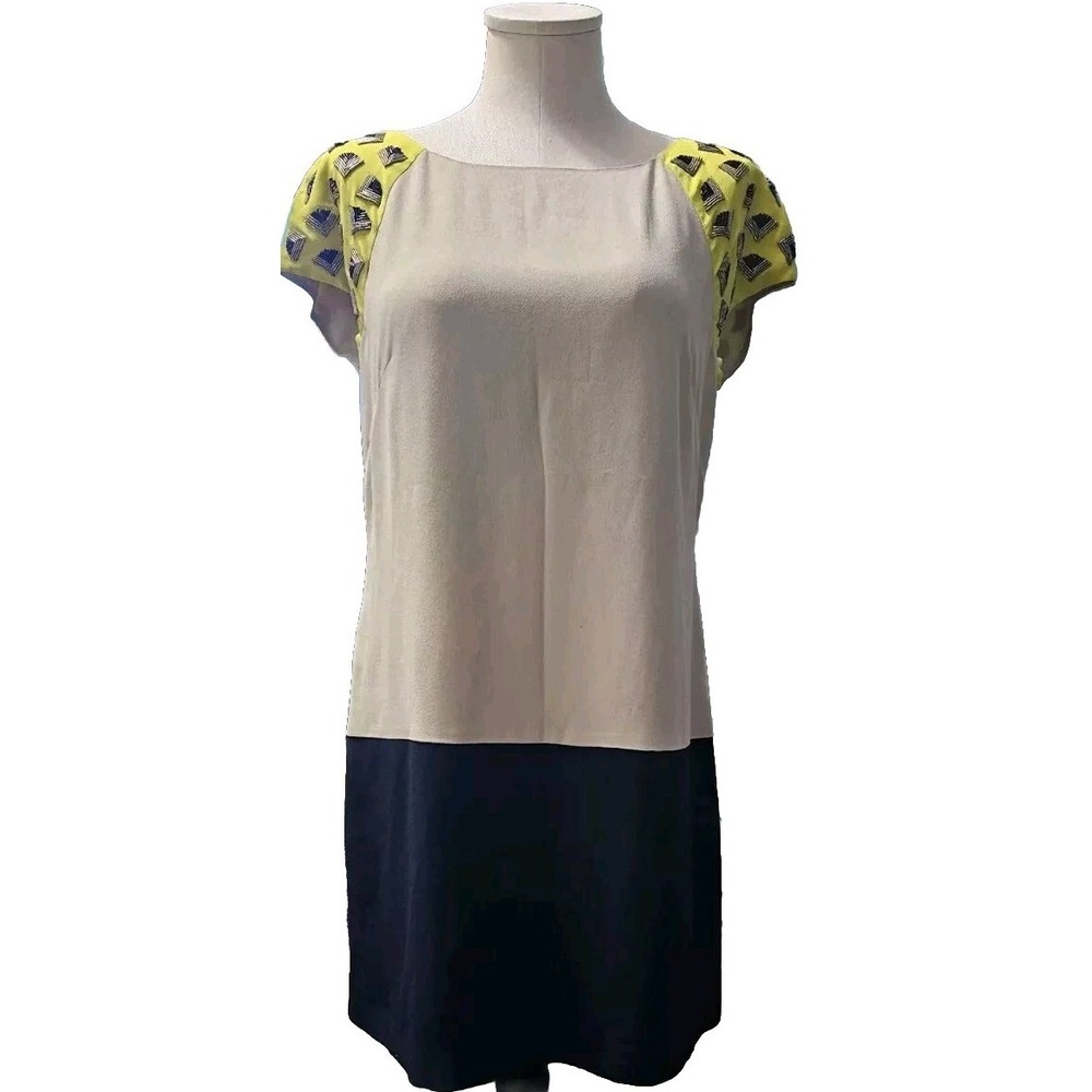 Trina Turk Luxury Retro Sheath Dress cap sleeved Beadwork Sz 10 Silk lined K10
